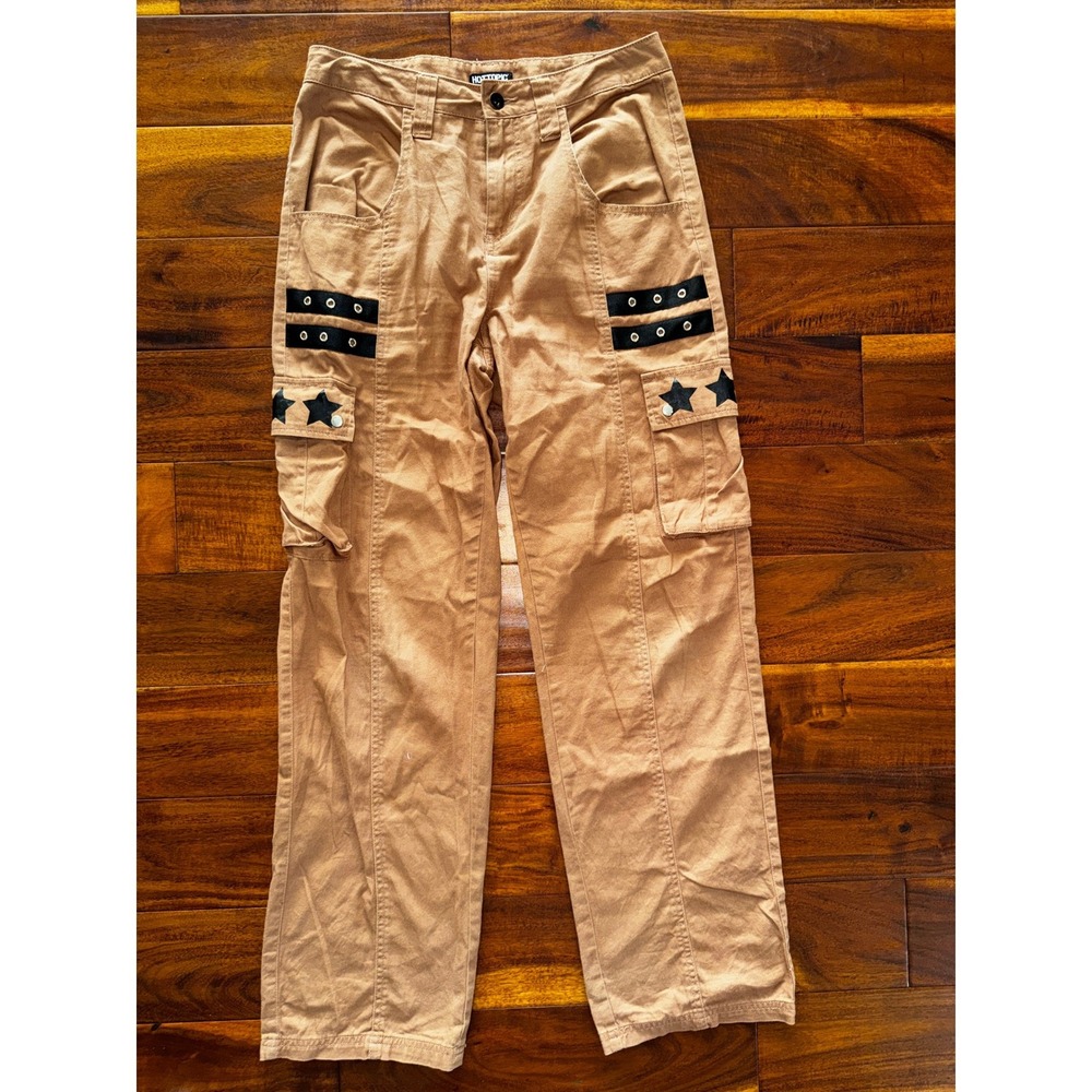Hot Topic Cargo Pants Womens 3 Tan Excellent Cond Star Grommet Strap Alt Grunge